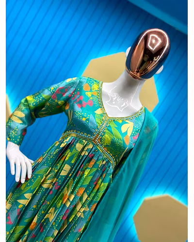 Elegant Chinon Gown with Silk Inner, Print &amp; Embroidery Work, Free Size, Includes Dupatta-L-Green-2