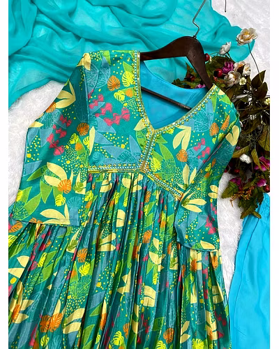 Elegant Chinon Gown with Silk Inner, Print &amp; Embroidery Work, Free Size, Includes Dupatta-L-Green-3