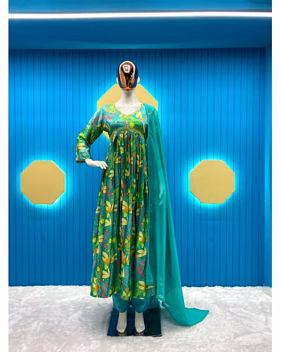 Elegant Chinon Gown with Silk Inner, Print &amp; Embroidery Work, Free Size, Includes Dupatta-XL-Green-1