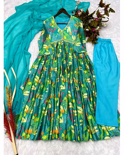 Elegant Chinon Gown with Silk Inner, Print &amp; Embroidery Work, Free Size, Includes Dupatta-XL-Green-4