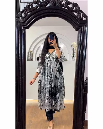 Elegant Chinon Gown with Silk Inner, Print &amp; Embroidery Work, Free Size, Includes Dupatta-RLG1838-Grey-L