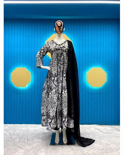Elegant Chinon Gown with Silk Inner, Print &amp; Embroidery Work, Free Size, Includes Dupatta-L-Grey-1