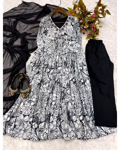 Elegant Chinon Gown with Silk Inner, Print &amp; Embroidery Work, Free Size, Includes Dupatta-L-Grey-4