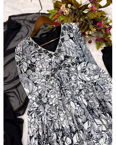Elegant Chinon Gown with Silk Inner, Print &amp; Embroidery Work, Free Size, Includes Dupatta-XL-Grey-3