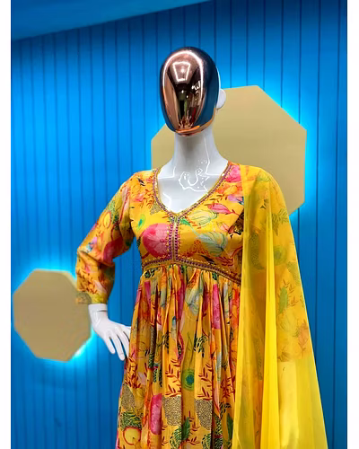 Elegant Chinon Gown with Silk Inner, Print &amp; Embroidery Work, Free Size, Includes Dupatta-XXL-Yellow-3