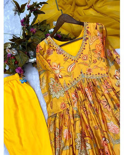 Elegant Chinon Gown with Silk Inner, Print &amp; Embroidery Work, Free Size, Includes Dupatta-XXL-Yellow-5