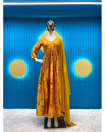 Elegant Chinon Gown with Silk Inner, Print &amp; Embroidery Work, Free Size, Includes Dupatta-M-Yellow-2