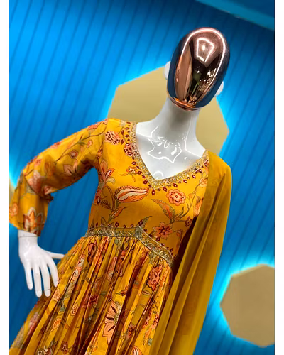 Elegant Chinon Gown with Silk Inner, Print &amp; Embroidery Work, Free Size, Includes Dupatta-L-Yellow-4