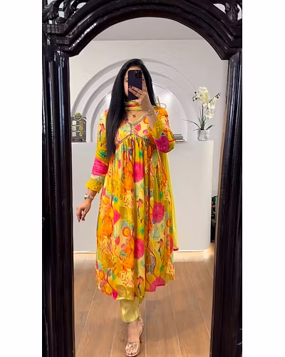 Elegant Chinon Gown with Silk Inner, Print &amp; Embroidery Work, Free Size, Includes Dupatta-RLG1838-Yellow-XXL