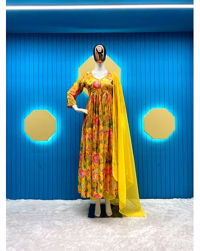 Elegant Chinon Gown with Silk Inner, Print &amp; Embroidery Work, Free Size, Includes Dupatta-XL-Yellow-1