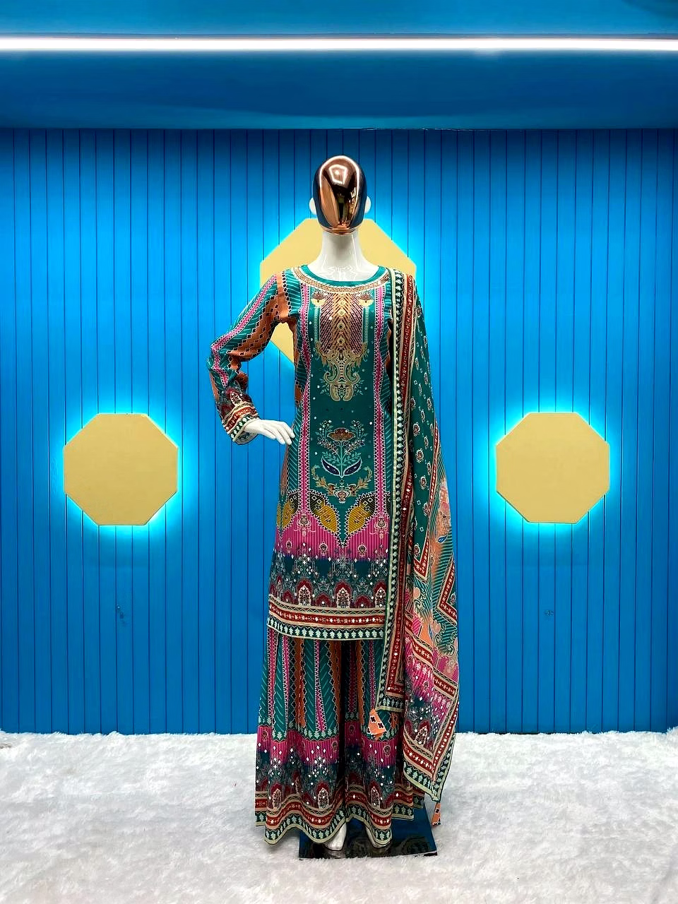 ynf elegant maslin salwar suit with printed & mirror work, free size sarara, dupatta included