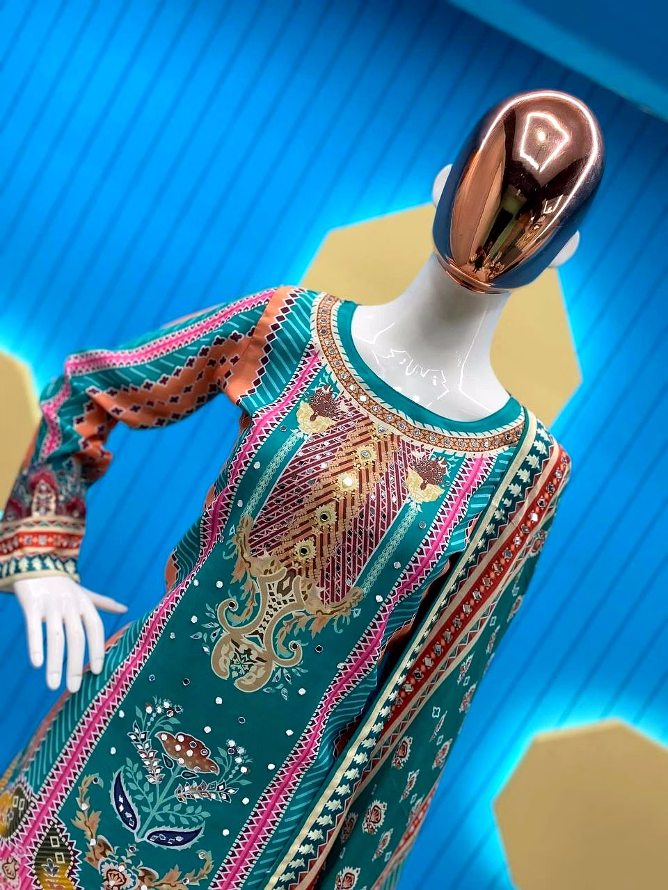 Elegant Maslin Salwar Suit with Printed & Mirror Work, Free Size Sarara, Dupatta Included image 2