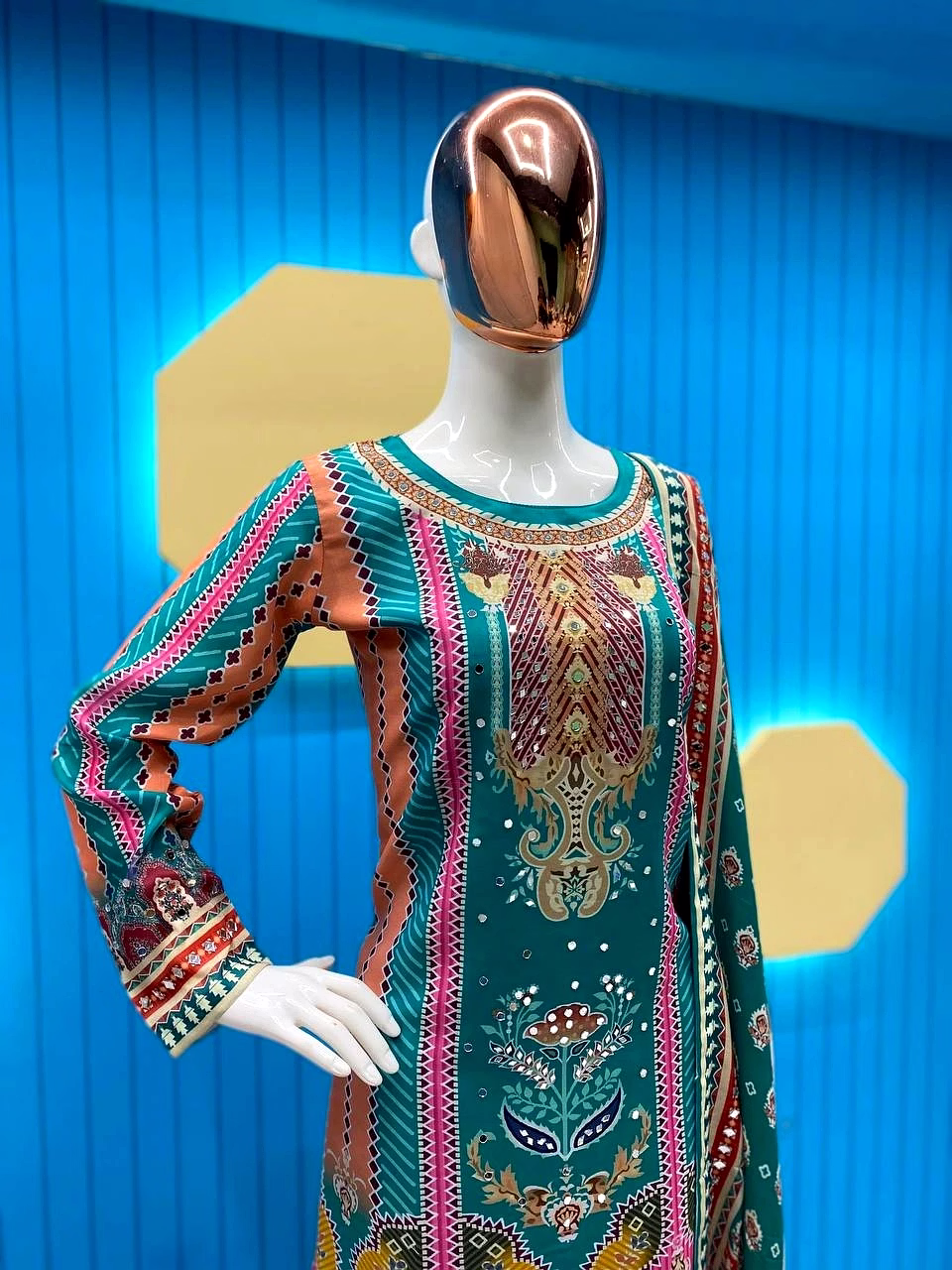 Elegant Maslin Salwar Suit with Printed & Mirror Work, Free Size Sarara, Dupatta Included image 3