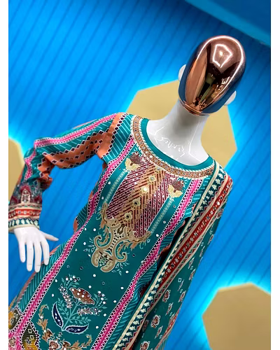 Elegant Maslin Salwar Suit with Printed &amp; Mirror Work, Free Size Sarara, Dupatta Included-Dark Green-M-1