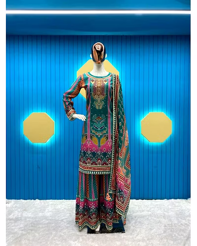 Elegant Maslin Salwar Suit with Printed &amp; Mirror Work, Free Size Sarara, Dupatta Included-RLG1840-DarkGreen-XL