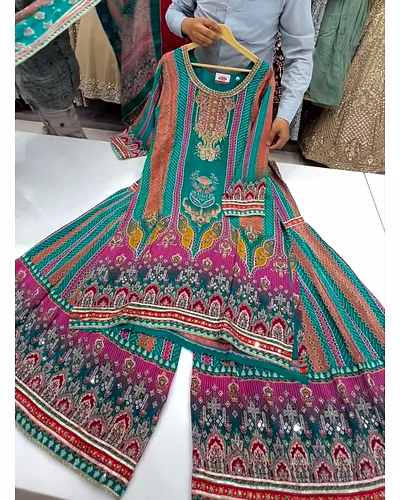 Elegant Maslin Salwar Suit with Printed &amp; Mirror Work, Free Size Sarara, Dupatta Included-Dark Green-L-3