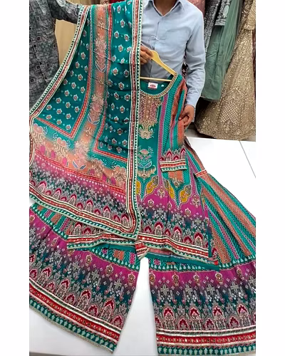 Elegant Maslin Salwar Suit with Printed &amp; Mirror Work, Free Size Sarara, Dupatta Included-Dark Green-L-4