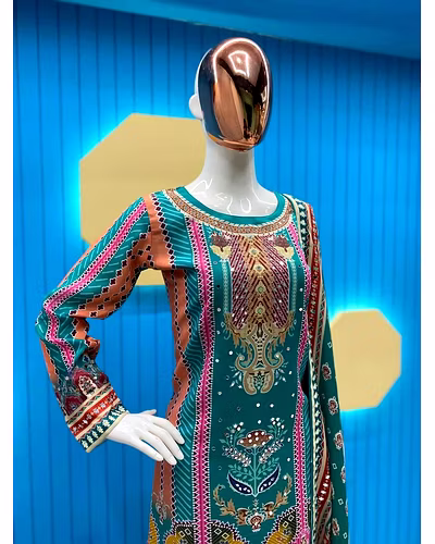 Elegant Maslin Salwar Suit with Printed &amp; Mirror Work, Free Size Sarara, Dupatta Included-Dark Green-XL-2