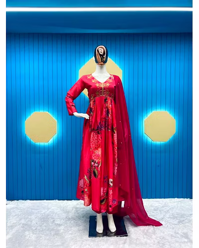 Chinon Embroidered Gown with Silk Inner, Fox Georgette Dupatta - Sizes M to XXL, 900gm-RLG1836-Red-M