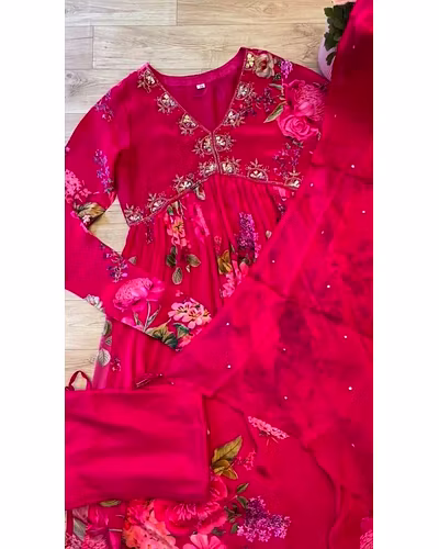 Chinon Embroidered Gown with Silk Inner, Fox Georgette Dupatta - Sizes M to XXL, 900gm-Red-XXL-5
