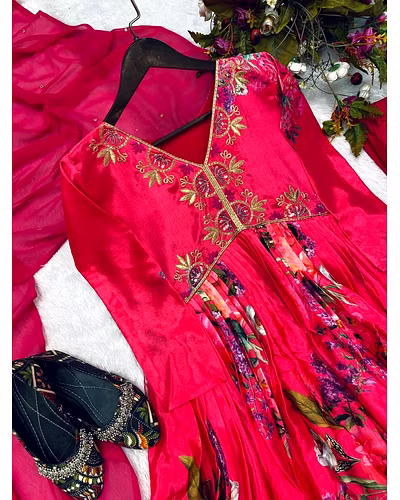 Chinon Embroidered Gown with Silk Inner, Fox Georgette Dupatta - Sizes M to XXL, 900gm-Red-M-3