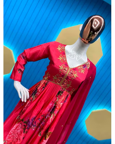 Chinon Embroidered Gown with Silk Inner, Fox Georgette Dupatta - Sizes M to XXL, 900gm-Red-XL-1
