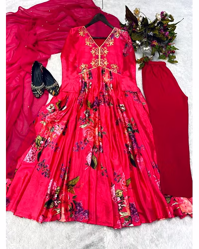 Chinon Embroidered Gown with Silk Inner, Fox Georgette Dupatta - Sizes M to XXL, 900gm-Red-XL-2