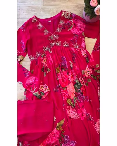 Chinon Embroidered Gown with Silk Inner, Fox Georgette Dupatta - Sizes M to XXL, 900gm-Red-XL-4
