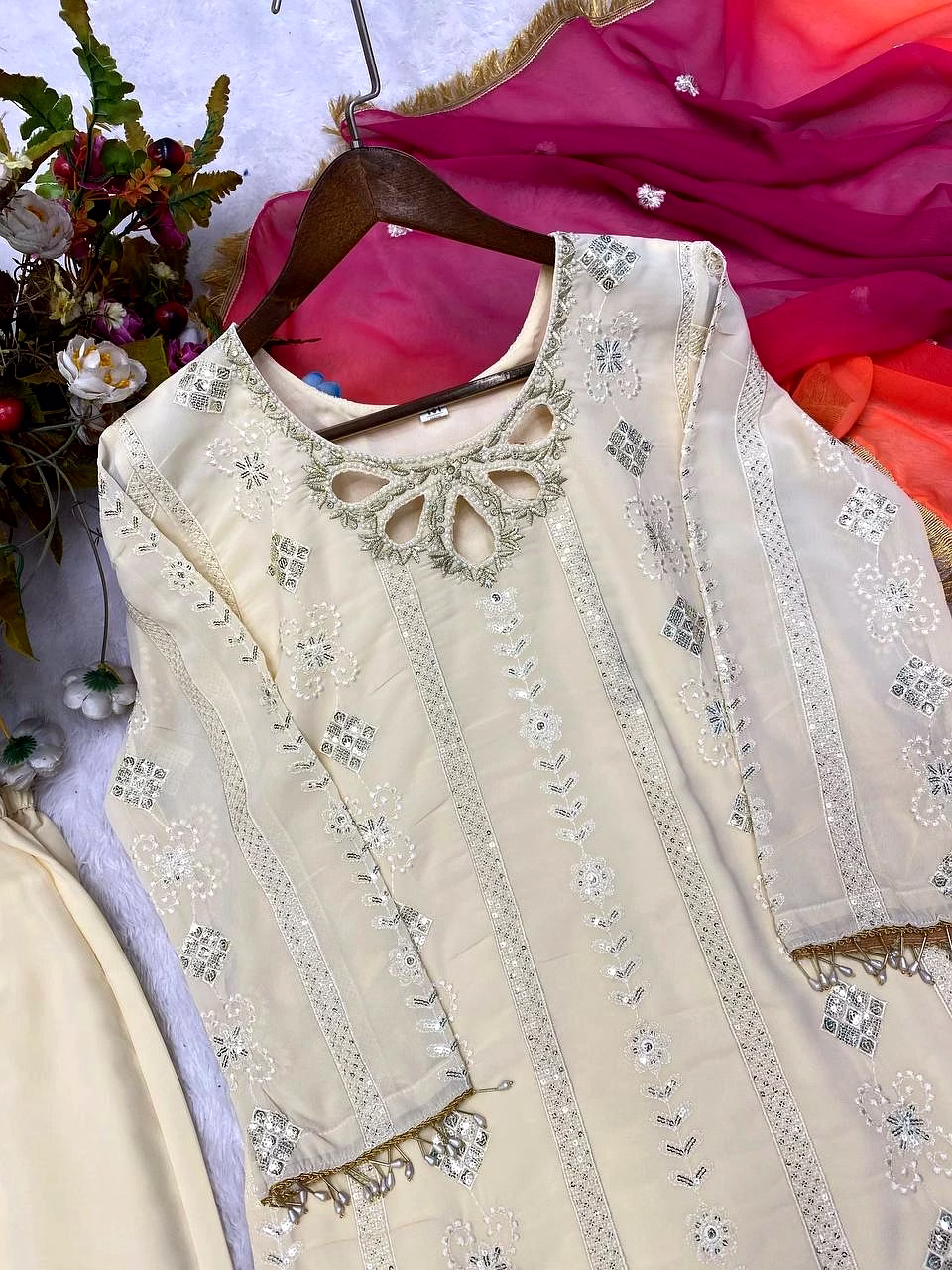 Elegant Faux Georgette Embroidered Suit with Dupatta | Sizes M-XXL | Free Size Pants image 4