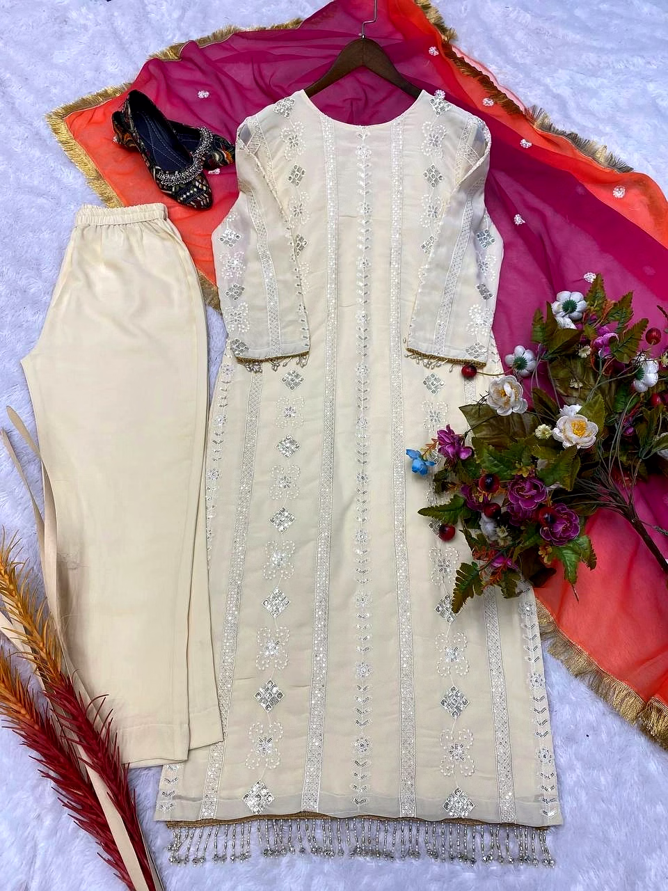 Elegant Faux Georgette Embroidered Suit with Dupatta | Sizes M-XXL | Free Size Pants image 5