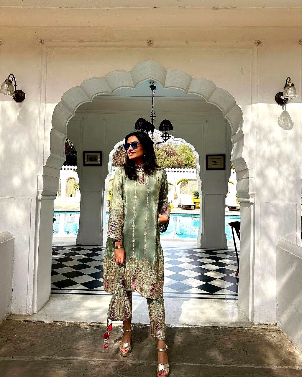 ynf elegant chinon silk embroidered top & pant set with printed dupatta