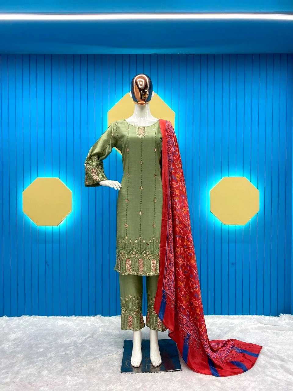 Elegant Chinon Silk Embroidered Top & Pant Set with Printed Dupatta image 3
