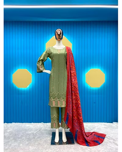 Elegant Chinon Silk Embroidered Top &amp; Pant Set with Printed Dupatta-Pista-2
