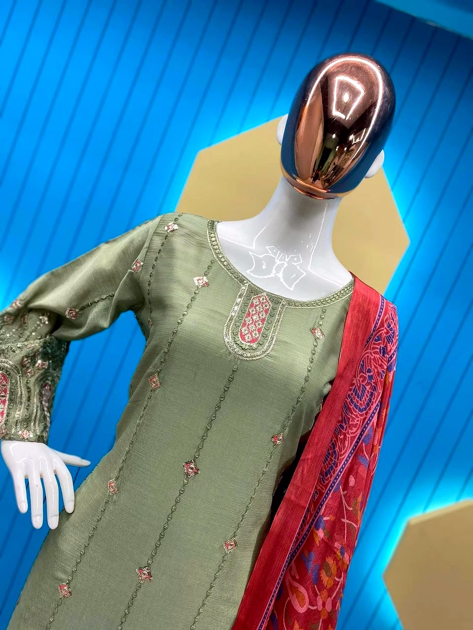 Elegant Chinon Silk Embroidered Top & Pant Set with Printed Dupatta image 4