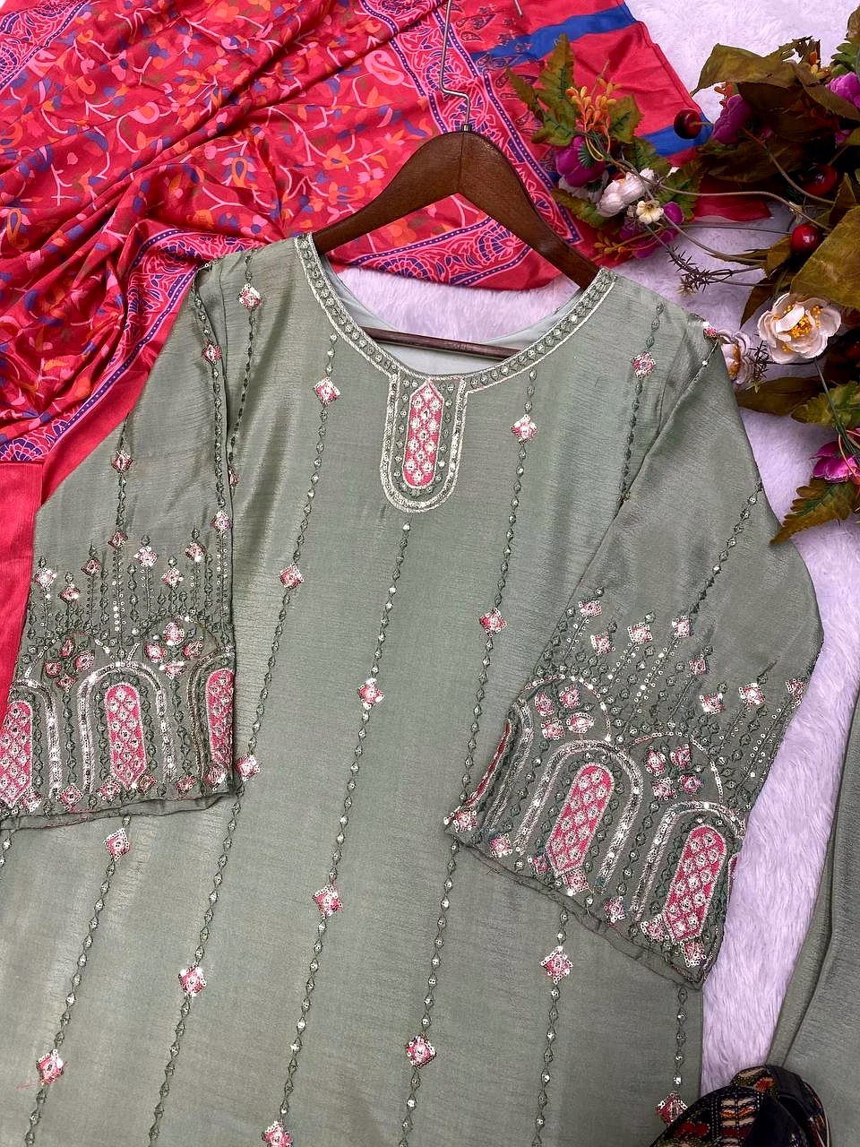 Elegant Chinon Silk Embroidered Top & Pant Set with Printed Dupatta image 5