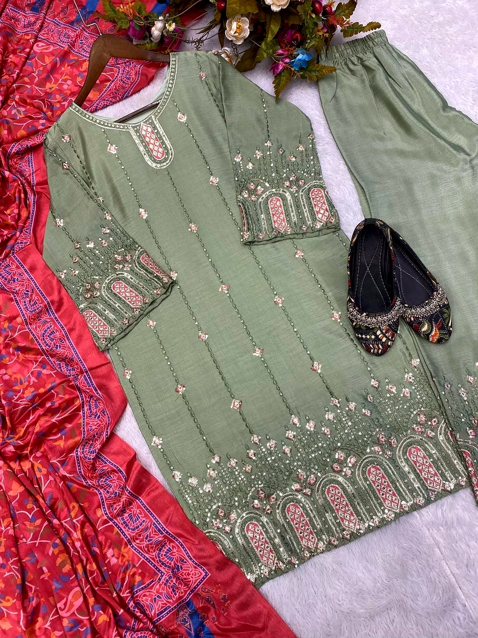 Elegant Chinon Silk Embroidered Top & Pant Set with Printed Dupatta image 6