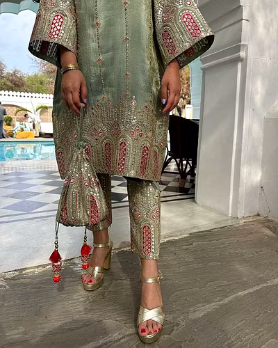 Elegant Chinon Silk Embroidered Top &amp; Pant Set with Printed Dupatta-Pista-M-1