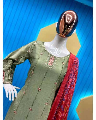 Elegant Chinon Silk Embroidered Top &amp; Pant Set with Printed Dupatta-Pista-M-3
