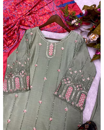 Elegant Chinon Silk Embroidered Top &amp; Pant Set with Printed Dupatta-Pista-XL-4