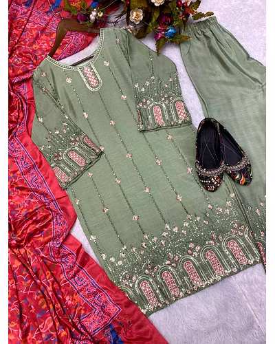 Elegant Chinon Silk Embroidered Top &amp; Pant Set with Printed Dupatta-Pista-XL-5