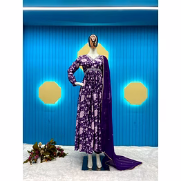 ynf elegant chinon gown with print & sequence embroidery, silk inner, georgette dupatta
