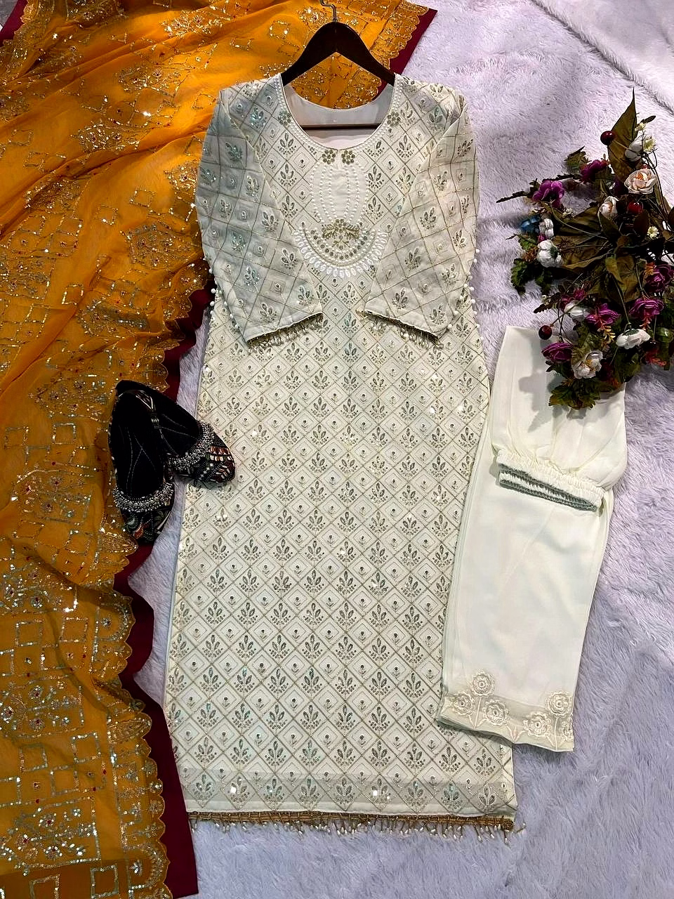 Faux Georgette Suit with Sequence Embroidery - M, L, XL, XXL - Free Size Pants image 6