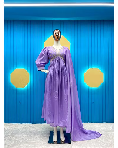 Elegant Vichitra Gown with Cording Sequence Embroidery, Plazzo, and Motiwork Dupatta-RLG1819-Purple-L