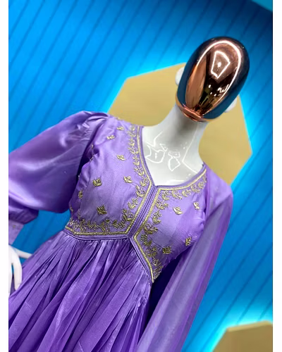 Elegant Vichitra Gown with Cording Sequence Embroidery, Plazzo, and Motiwork Dupatta-Purple-M-1