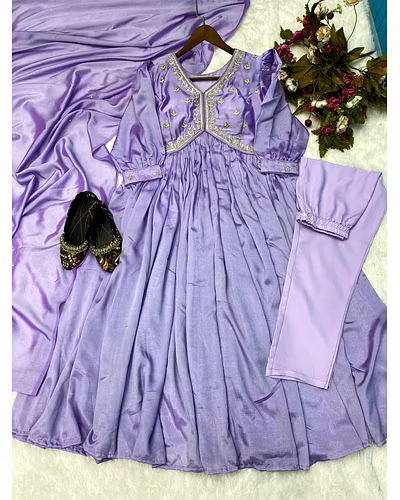 Elegant Vichitra Gown with Cording Sequence Embroidery, Plazzo, and Motiwork Dupatta-Purple-M-2