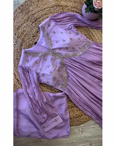Elegant Vichitra Gown with Cording Sequence Embroidery, Plazzo, and Motiwork Dupatta-Purple-M-5