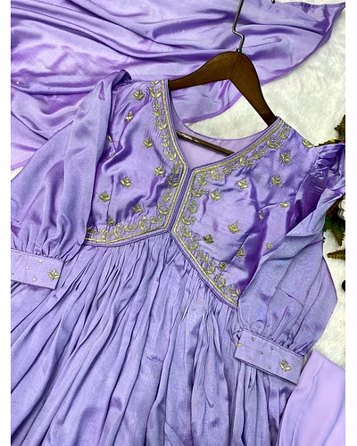 Elegant Vichitra Gown with Cording Sequence Embroidery, Plazzo, and Motiwork Dupatta-Purple-L-4