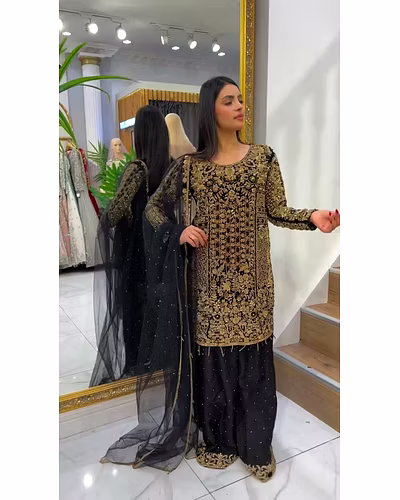 Elegant Georgette Suit with Cording Sequence &amp; Diamond Work - Multiple Sizes Available-Black-S-2
