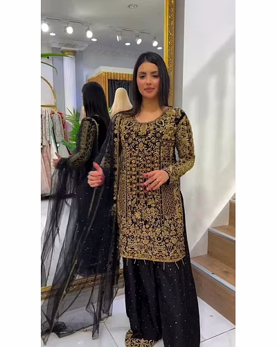 Elegant Georgette Suit with Cording Sequence &amp; Diamond Work - Multiple Sizes Available-Black-L-1