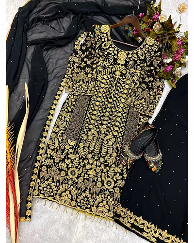 Elegant Georgette Suit with Cording Sequence &amp; Diamond Work - Multiple Sizes Available-Black-L-4